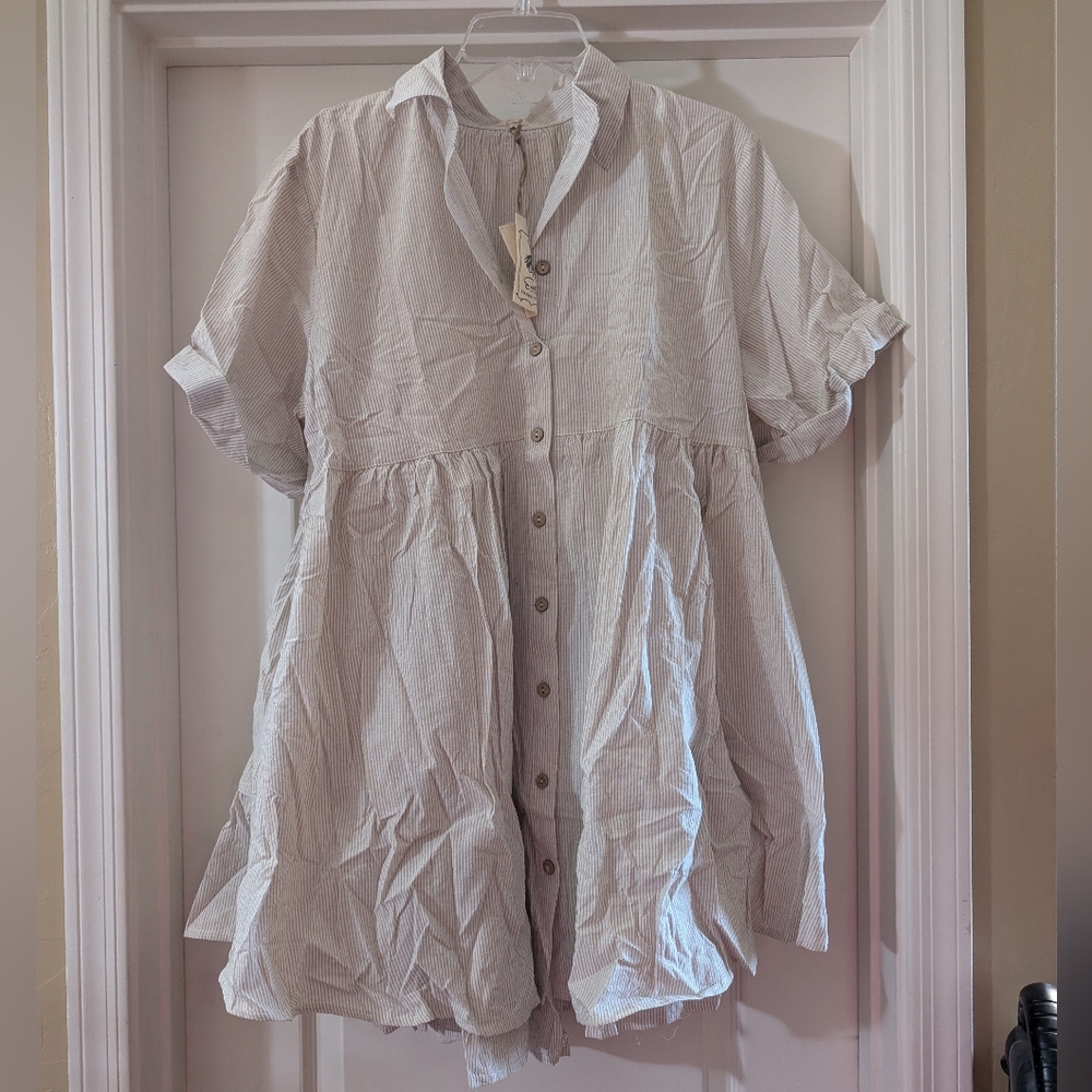 Easel White And Tan Stripes Button-Up Mini Dress